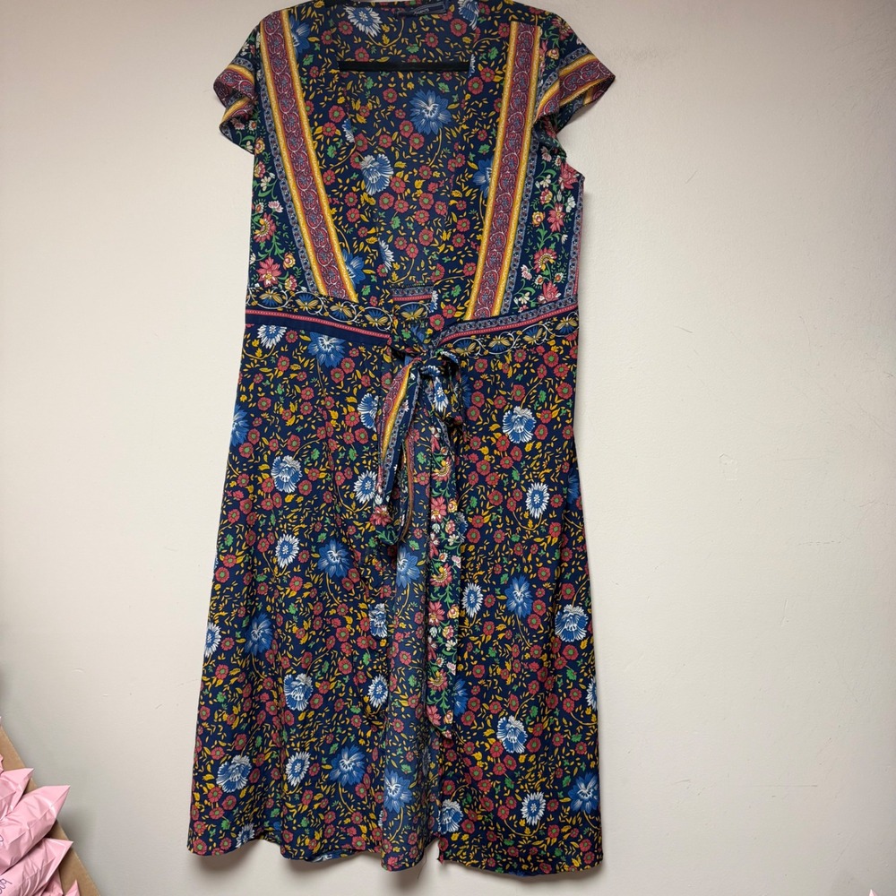 Highness Floral Border Print Dress Womens 2 Navy Blue Excellent Boho Midi 8922‎